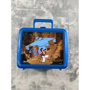 Vintage Disney Aladdin Plastic Lunch Box Blue Glitter Genie Abu 1990s Retro